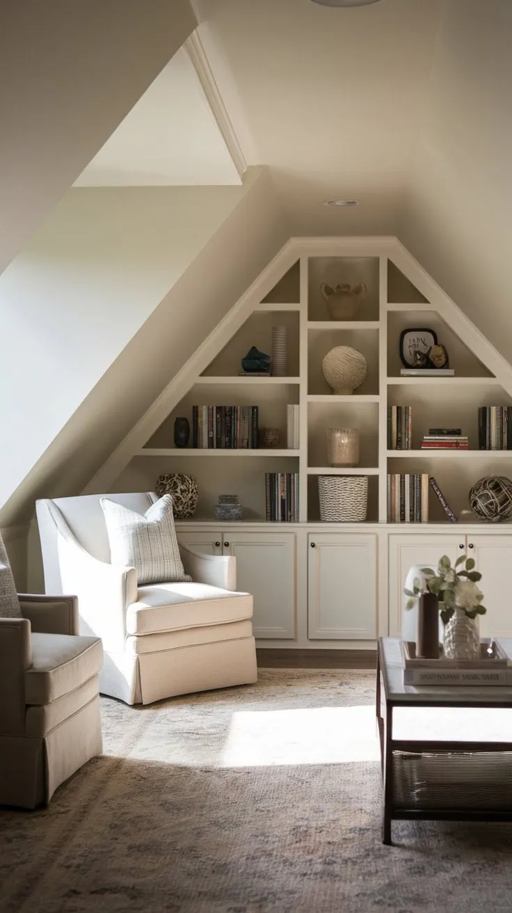 Step into the attic movie room, a haven meticulously crafted to dissolve your stress; soft beige walls whisper tranquility as you sink into the inviting armchair, instantly transported to a world where cinematic adventures await.