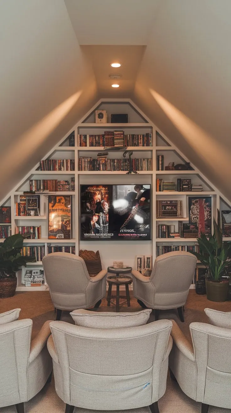 The attic movie room wraps you in a cocoon of warmth and comfort, beckoning you to lose yourself in cinematic worlds and forget the day's troubles.