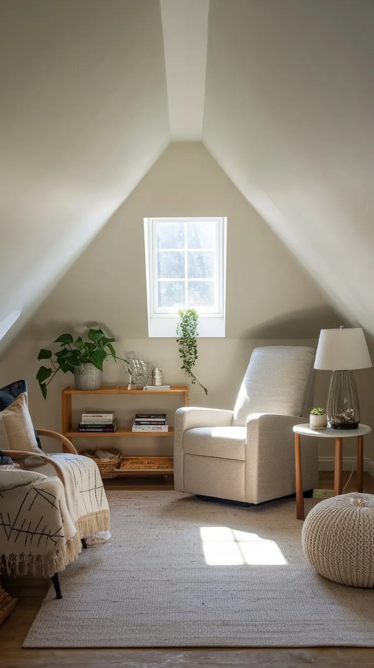 This attic movie room, with its inviting reclining chair and thoughtfully arranged decor, offers a perfect retreat for relaxation and cinematic escape.