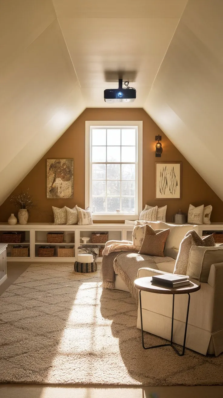This well designed attic movie room invites you to unwind in style, with its cozy couch and thoughtfully arranged decor creating the perfect atmosphere for cinematic escapes.