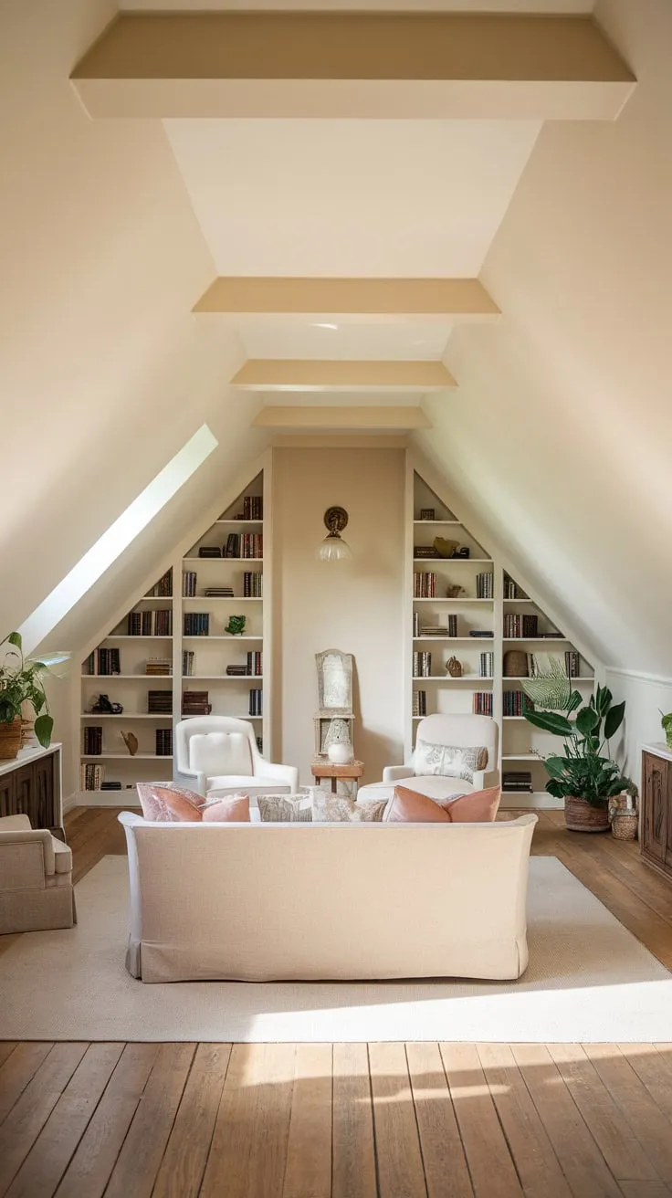 The attic movie room wraps you in a cocoon of warmth and comfort, beckoning you to sink into plush furnishings and lose yourself in a captivating film amidst its quirky, inviting charm.