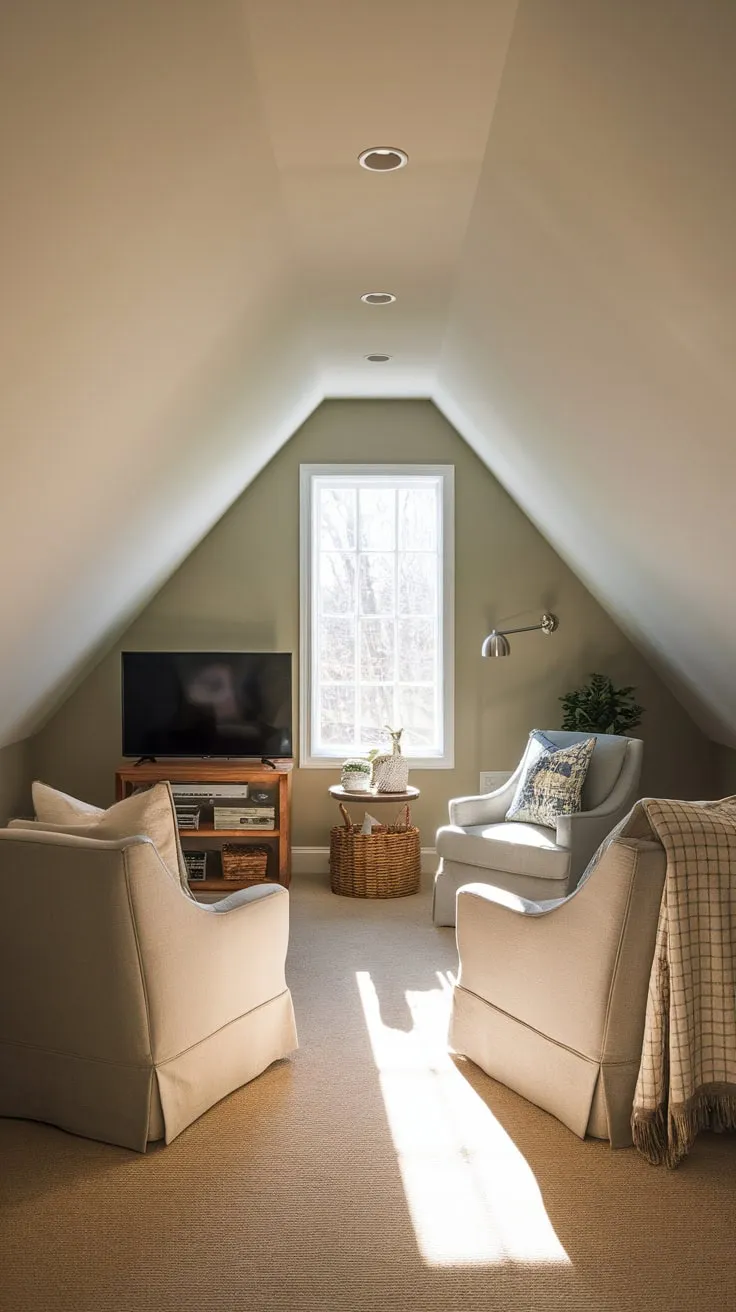 This attic movie room, with its neutral tones and tidy arrangement, offers a perfect retreat for a cinematic escape.