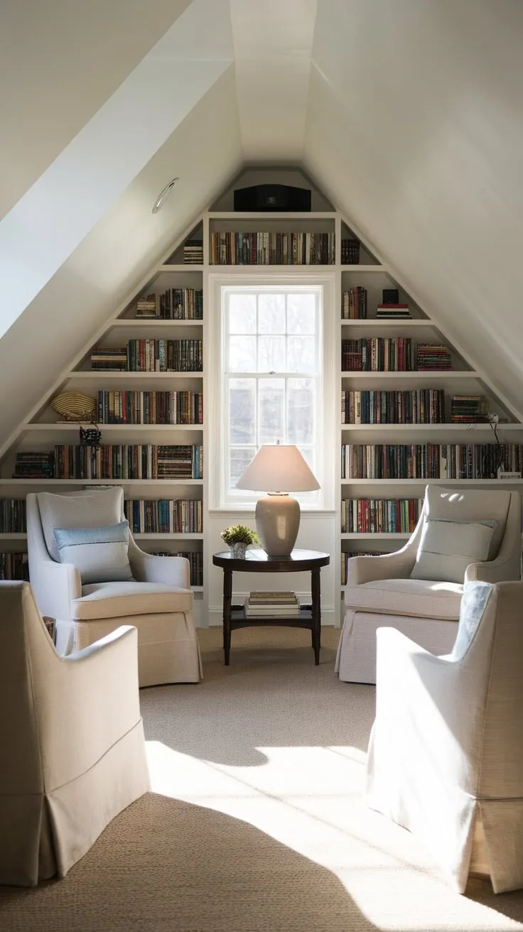 Imagine sinking into plush seating in your attic cinema, surrounded by calming neutral hues and the comforting presence of well-loved books; here, the silver screen beckons, promising an intimate escape where comfort and sophistication intertwine.