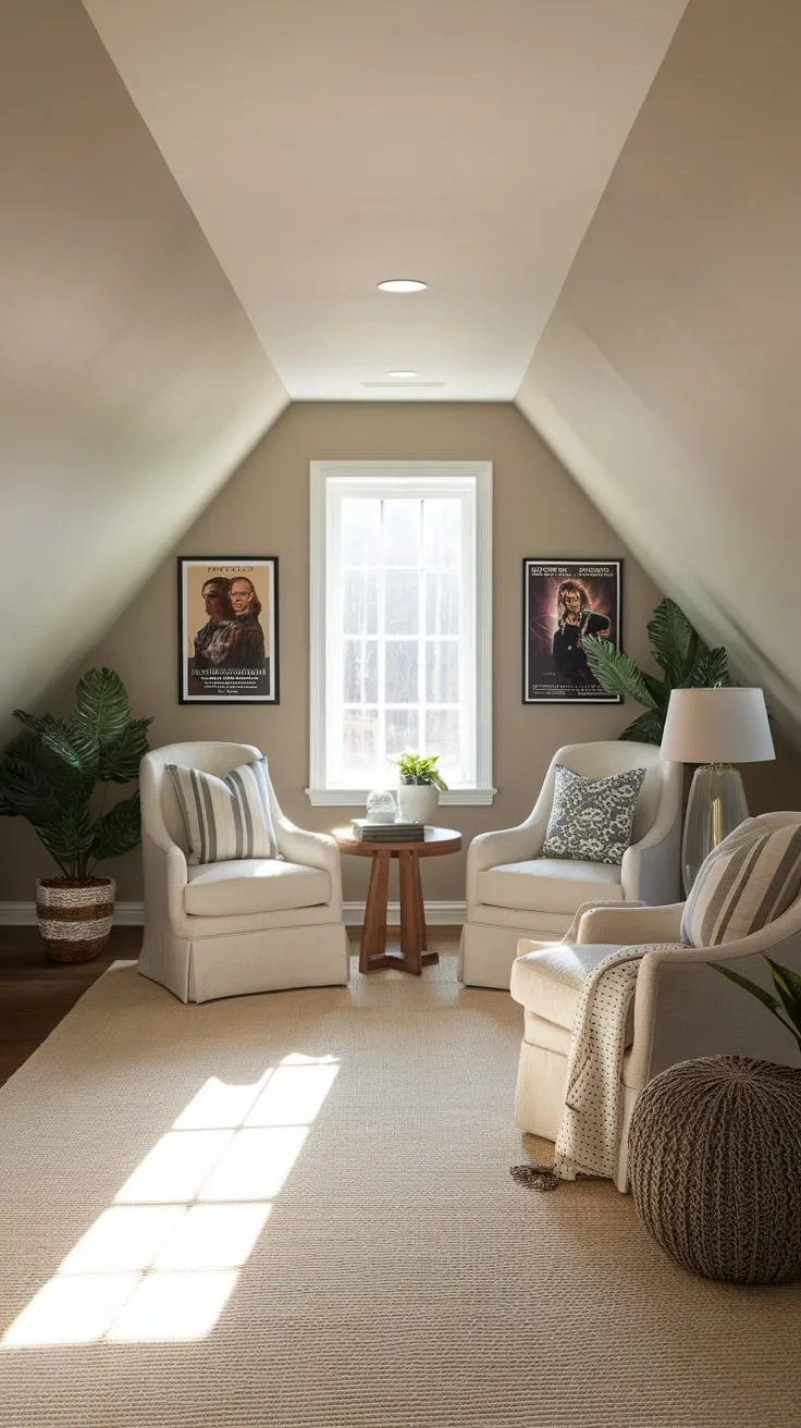 Step into the attic movie room, a haven meticulously crafted for relaxation, and lose yourself in the magic of cinema, enveloped by its cozy embrace.