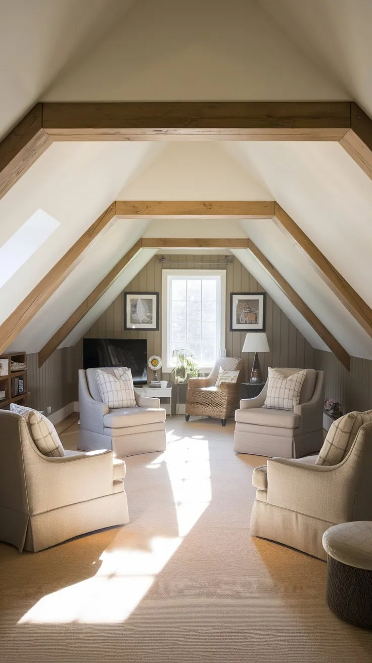 Step into this attic movie room, where the warm embrace of wood paneling and a meticulously curated space conspire to whisk you away into a world of cinematic dreams.