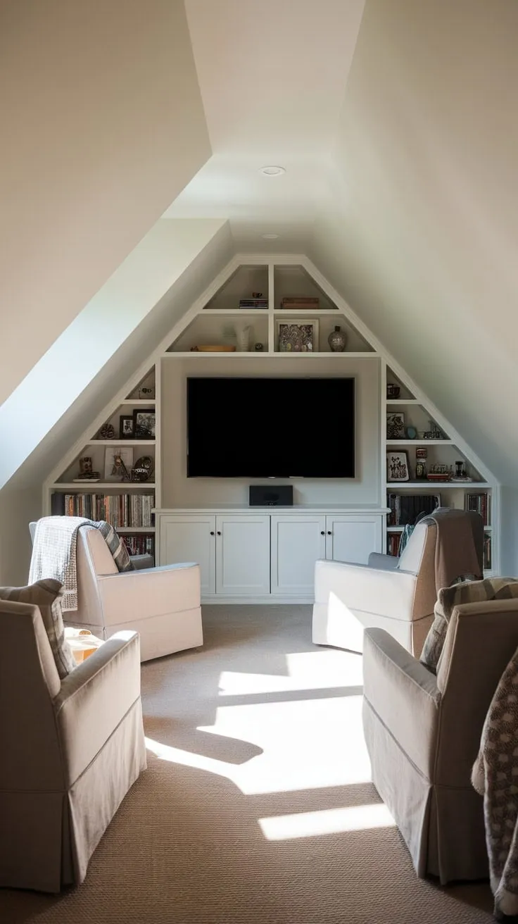 Ascend to your attic sanctuary, a movie room where luxurious comfort dances with impeccable style, promising immersive film experiences and memories that linger long after the credits roll.