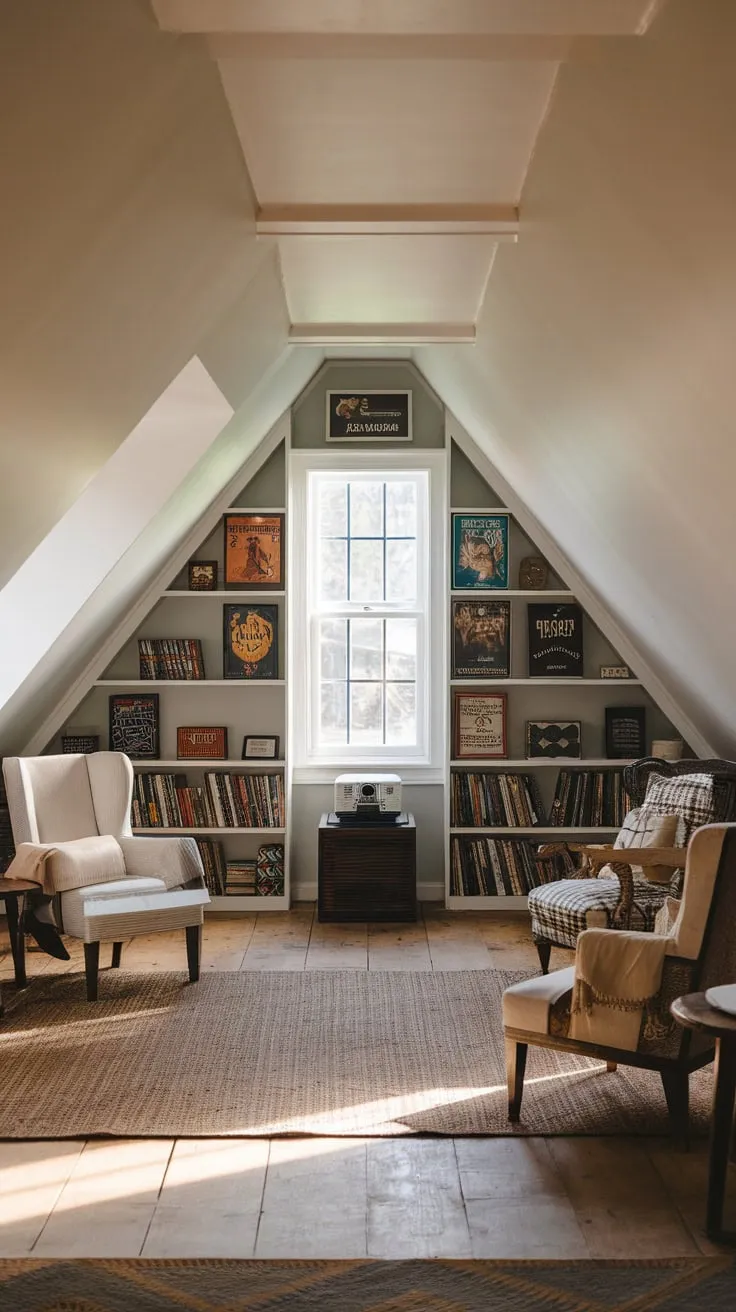 Step into your attic movie room, where exposed beams whisper tales of yesteryear while plush, modern seating beckons – a cinematic sanctuary crafted for losing yourself in beloved classics.