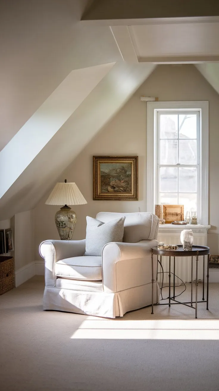 The attic movie room unfolds before you, a meticulously crafted haven. Sink into the embrace of the armchair, and let the carefully curated details – a vintage lamp casting a nostalgic glow, artwork whispering stories – transport you to another world, a cinematic escape designed with you in mind.