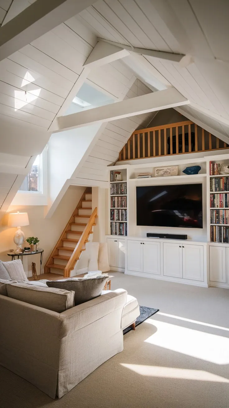 Step into your attic movie room, where plush comfort meets curated style, transforming the space into a haven for thrilling cinematic escapes and intimate, unforgettable gatherings.