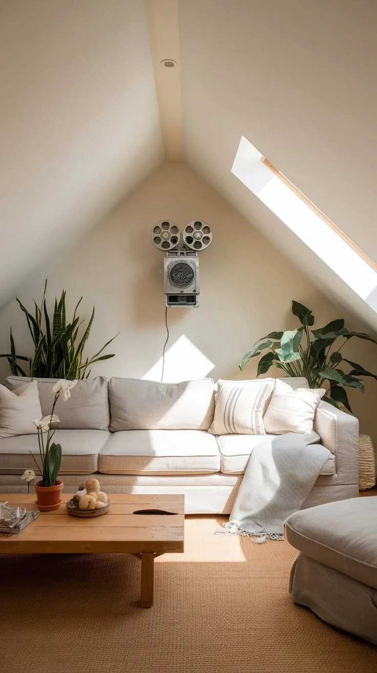 Step into the attic movie room, where a wave of warmth washes over you, urging you to melt into the plush sofa and lose yourself in the magic of classic films projected in this delightfully clutter-free haven.