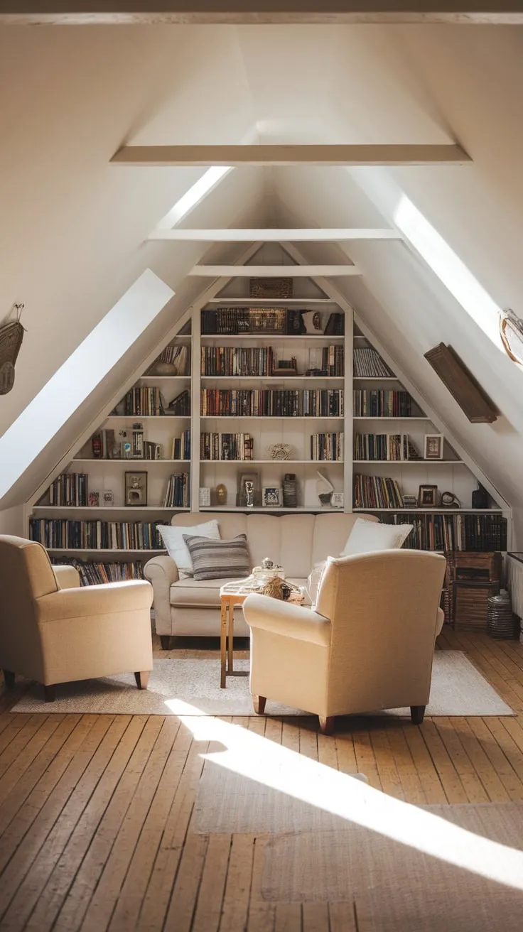 The attic movie room wraps you in a cocoon of warmth and comfort, beckoning you to lose yourself in a captivating novel or a thrilling film within its artfully curated, neutral-toned embrace.