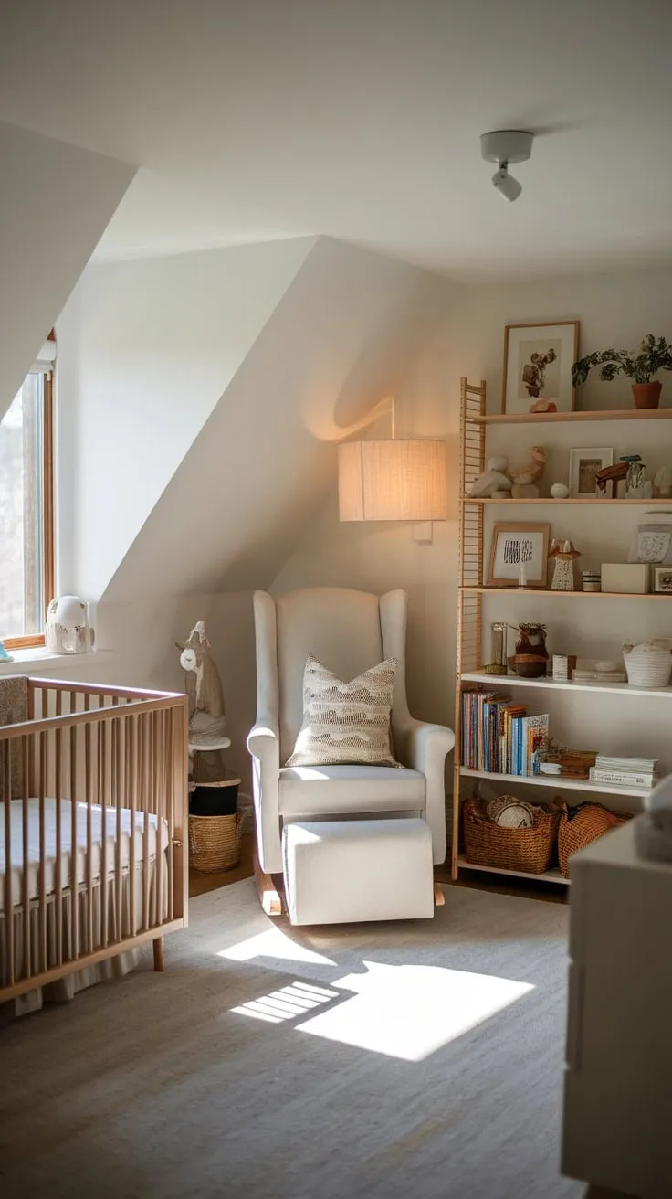 Step into the attic nursery, a haven meticulously crafted for serenity, where the gentle slant of the roof and the soft hues of the walls conspire to create a tranquil escape for both you and your baby.
