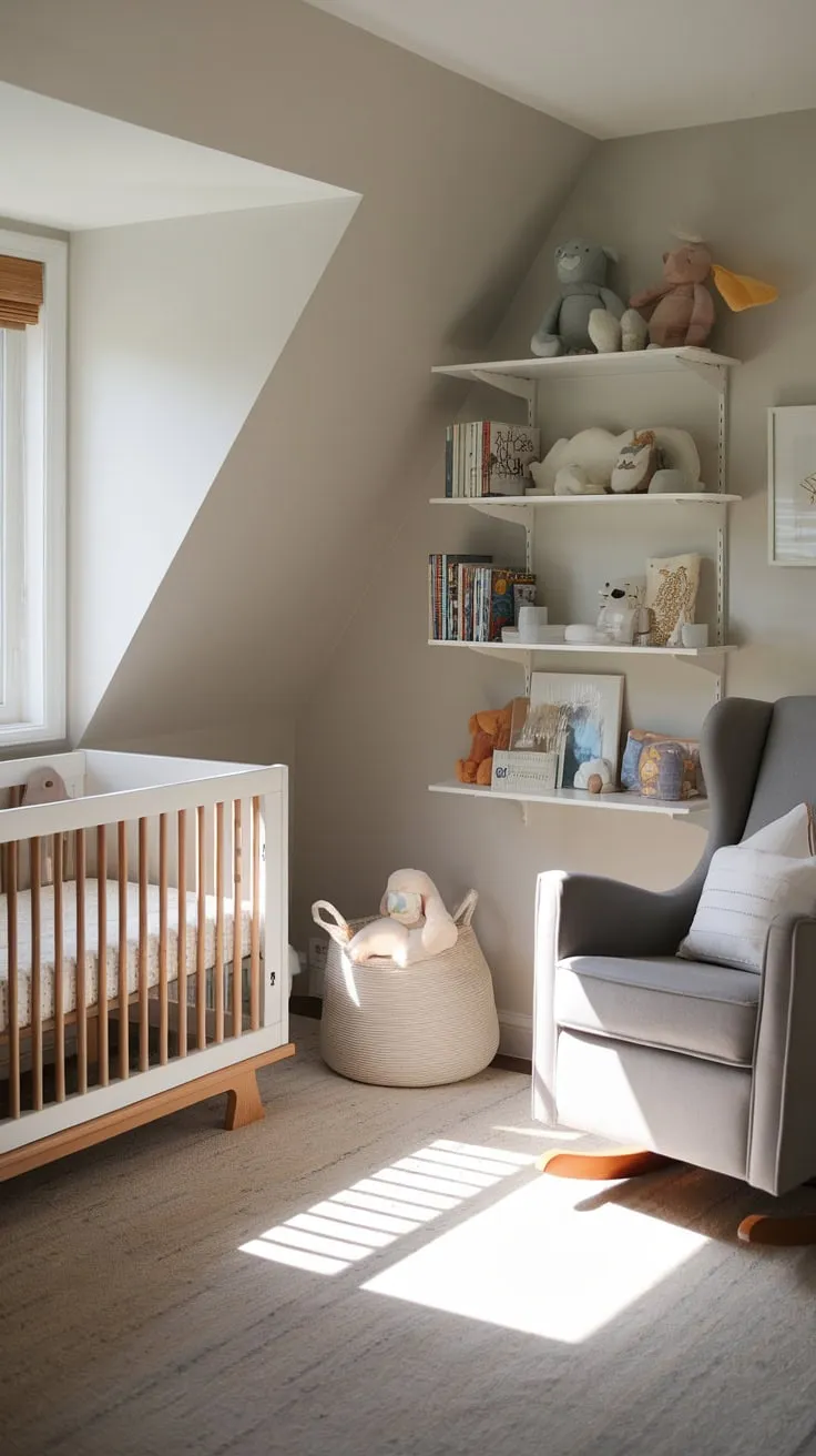 The attic nursery welcomes you with open arms, its thoughtful design radiating a sense of peace and comfort, transforming it into an idyllic sanctuary for both you and baby to unwind and reconnect.