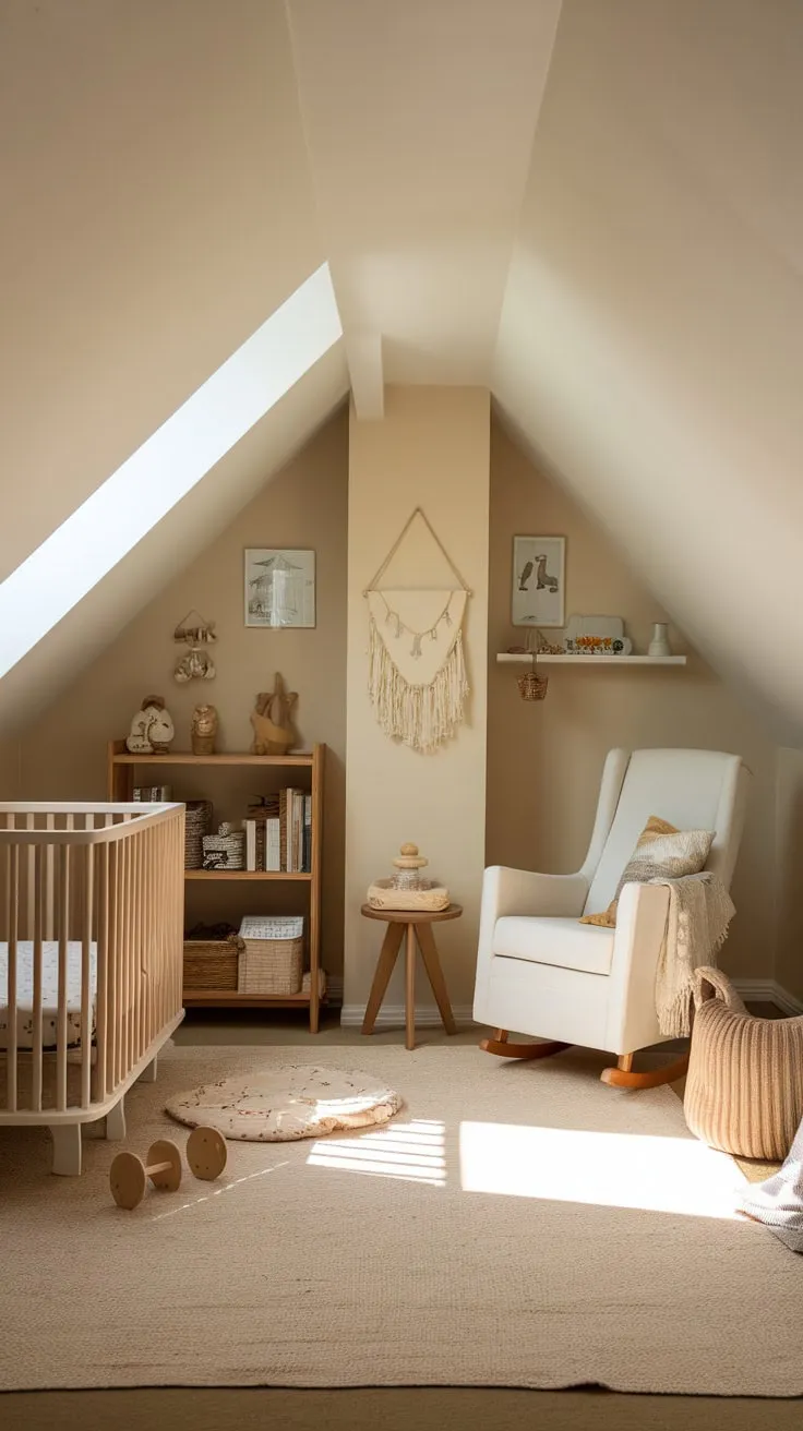 Imagine stepping into the attic nursery, a haven of minimalist rustic charm where the soothing neutral palette washes over you, creating the perfect retreat for both you and your little one.