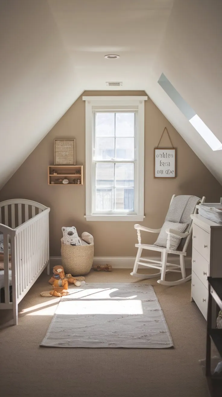 Imagine yourself in this attic nursery, where thoughtful design whispers of peace and comfort, creating an idyllic sanctuary for both you and the precious bundle in your arms.