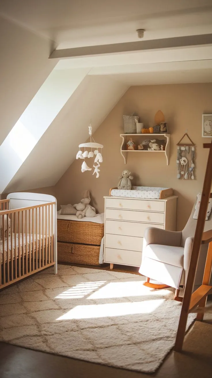 This well designed attic nursery exudes warmth and tranquility, making it the perfect retreat for both baby and caregiver.