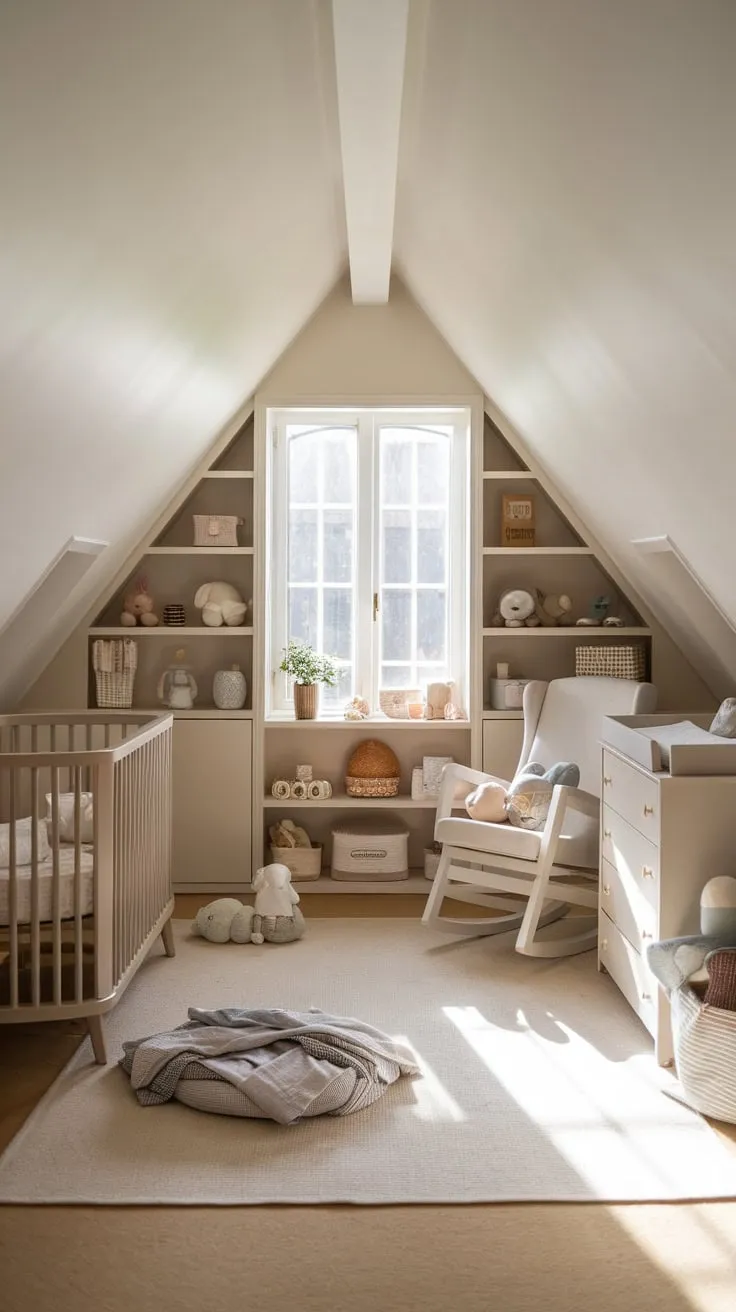 This well designed attic nursery perfectly blends comfort and style, creating a serene space for both baby and caregiver to enjoy.