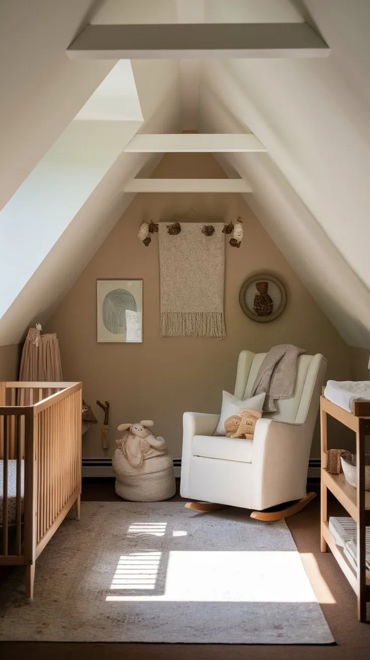 This well designed attic nursery exudes warmth and tranquility, making it the perfect retreat for both baby and caregiver.