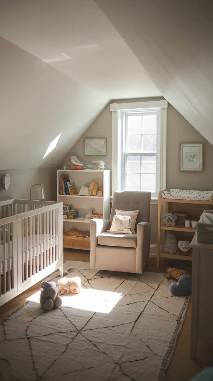 Sunlight streams through the dormer windows of the attic nursery, washing over the calming neutral tones you've chosen, transforming the space into a serene haven where both you and your little one can find peace and quiet.