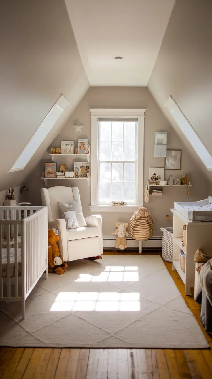 Step into the attic nursery, a haven meticulously crafted to envelop you and your little one in a cocoon of warmth and tranquility, a perfect escape from the world below.