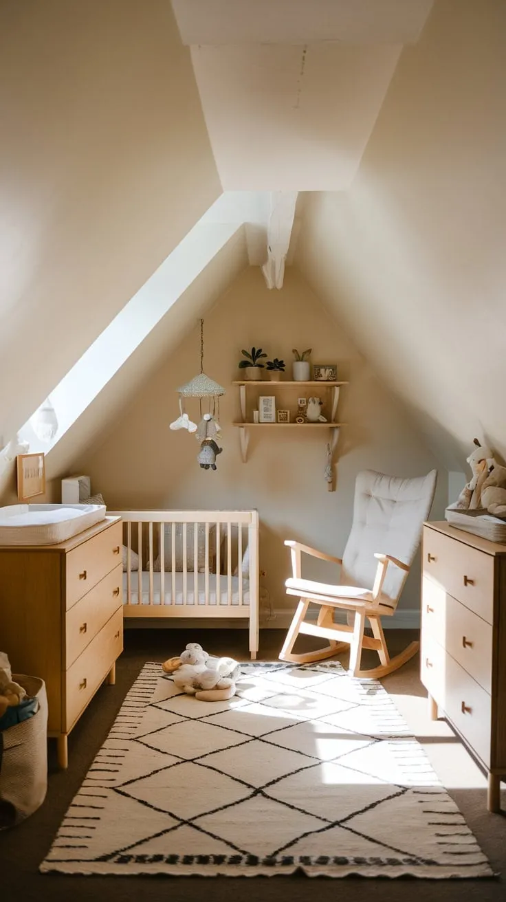 Sunlight streams through the dormer windows of the attic nursery, washing over the soft, neutral hues and carefully chosen furniture, instantly wrapping you in a sense of cozy serenity, a haven perfectly designed to nurture the precious new life in your arms.
