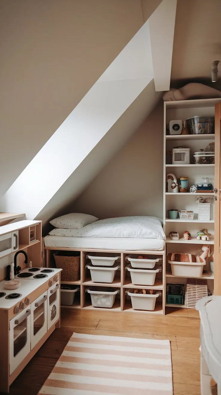Imagine the adventures unfolding in this charming attic playroom!  The sloped ceiling playroom creates a unique and cozy atmosphere, with a bed tucked away in the eaves.  This kids attic bedroom, though small, is bursting with personality and playful energy.  A perfect attic nursery and attic bedroom all in one.