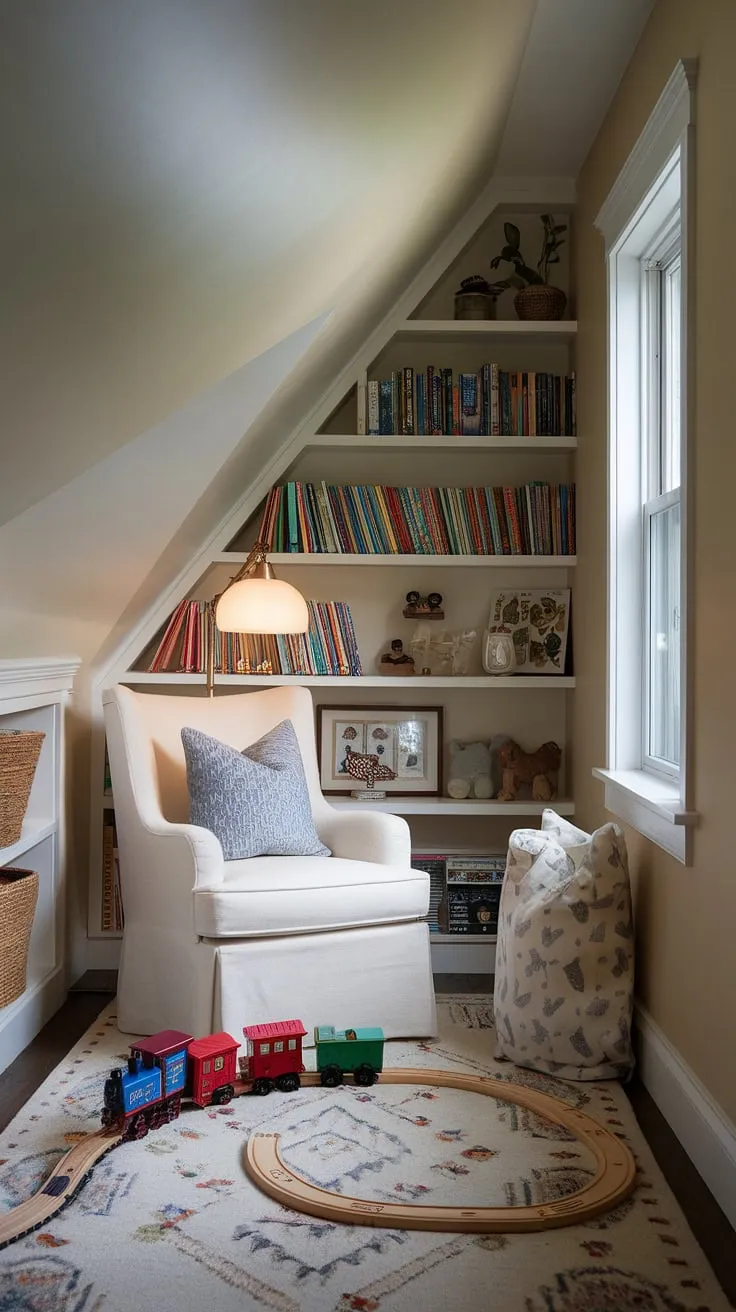 Imagine a kids attic bedroom tucked away in the eaves, a secret world of wonder. This sloped ceiling playroom, a delightful attic nursery or small attic playroom, is filled with cozy charm.  A reading nook, a toy train, and a patterned rug create a playful atmosphere. This attic bedroom, or attic playroom, is a testament to the magic found in unexpected spaces.
