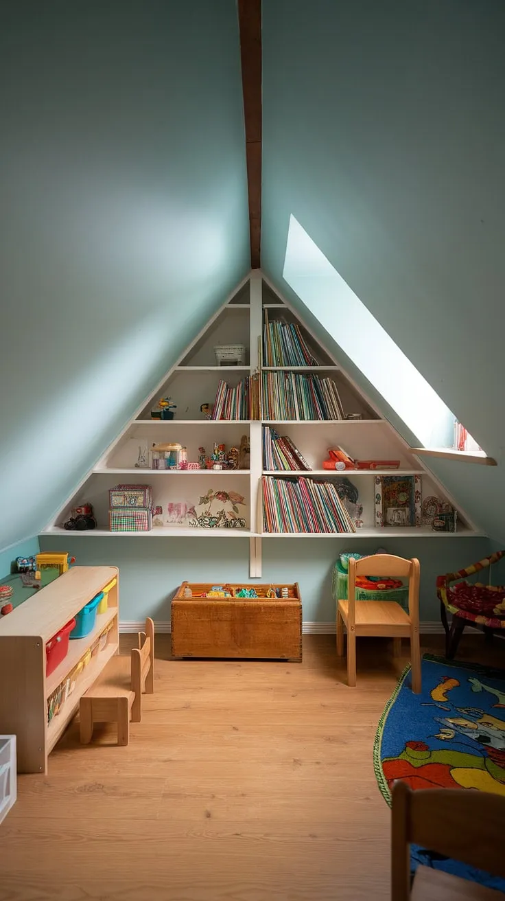 A dreamy attic nursery, this attic room playroom makes the most of its unique sloped ceiling.  The bed in eaves adds a touch of cozy adventure to this kids attic bedroom, while the light blue walls and wooden floor create a calming atmosphere perfect for playtime and peaceful slumber.