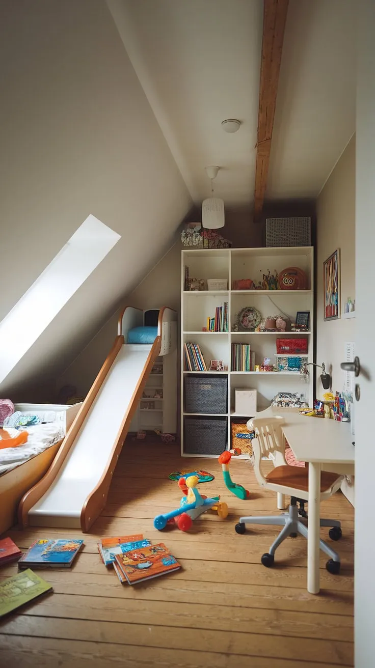 This small attic playroom, a whimsical kids attic bedroom with a bed in eaves and a slide attached to the sloped ceiling playroom, is every child's dream.  The attic nursery is complete with a bookshelf, desk, and chair, making it the perfect attic room playroom for imaginative adventures.