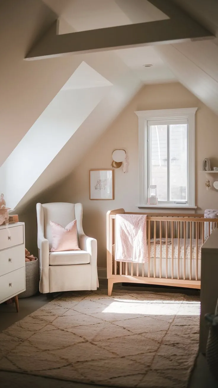Sunlight streams through the dormer windows of the attic nursery, washing over the soft, neutral palette you've chosen. Every detail, from the plush rocking chair to the whimsical mobile, whispers of comfort and care, creating a haven where both you and your little one can find peace and joy.