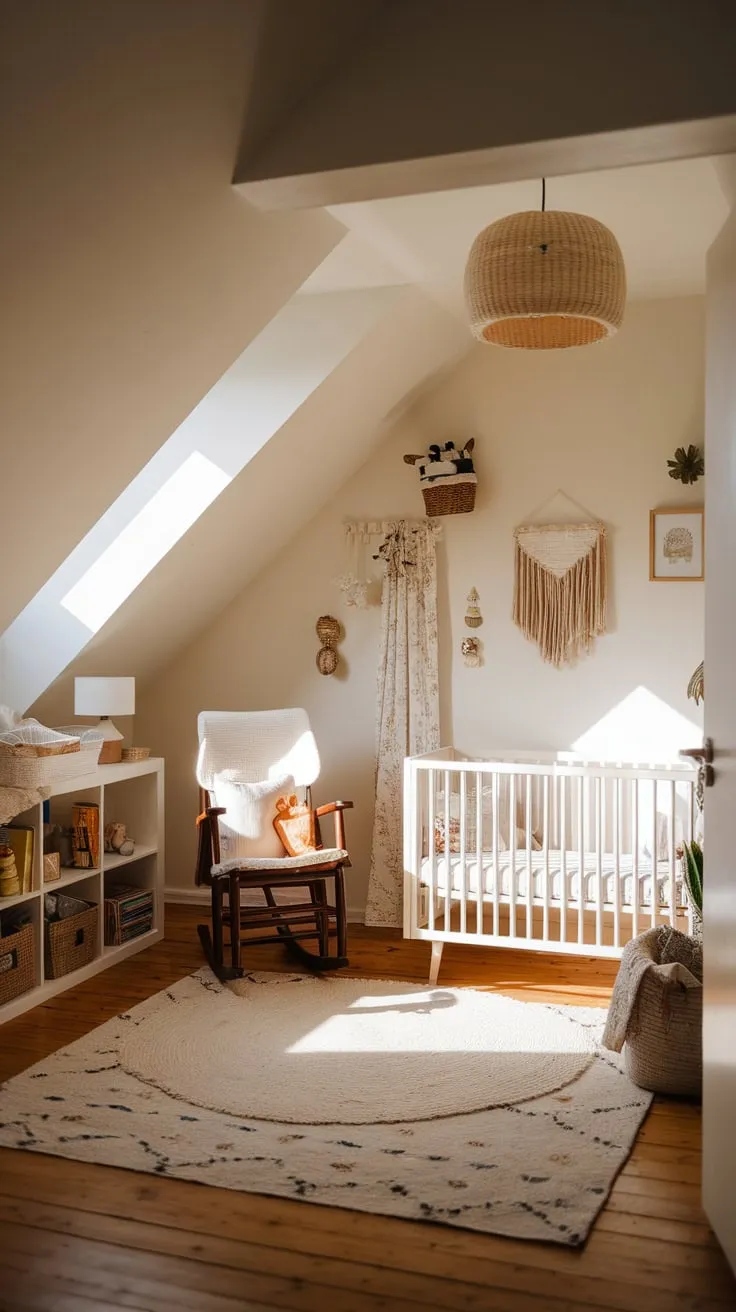 Sunlight streams through the attic window, painting the nursery in a warm glow. Simplicity embraces you here, every detail whispering of comfort and joy, a haven designed to nurture both baby and your own weary soul.