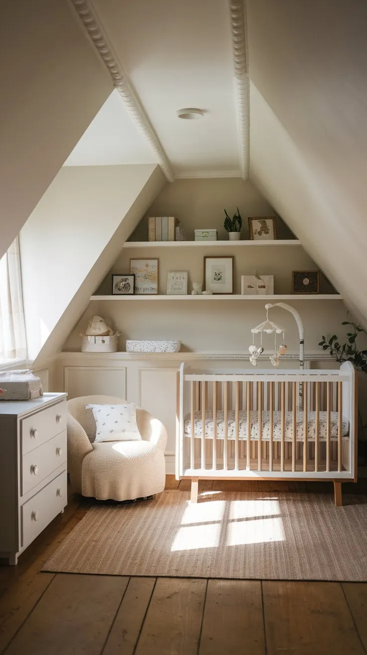 This beautifully organized attic nursery, with its neutral tones and charming details, creates a serene space perfect for nurturing little ones.