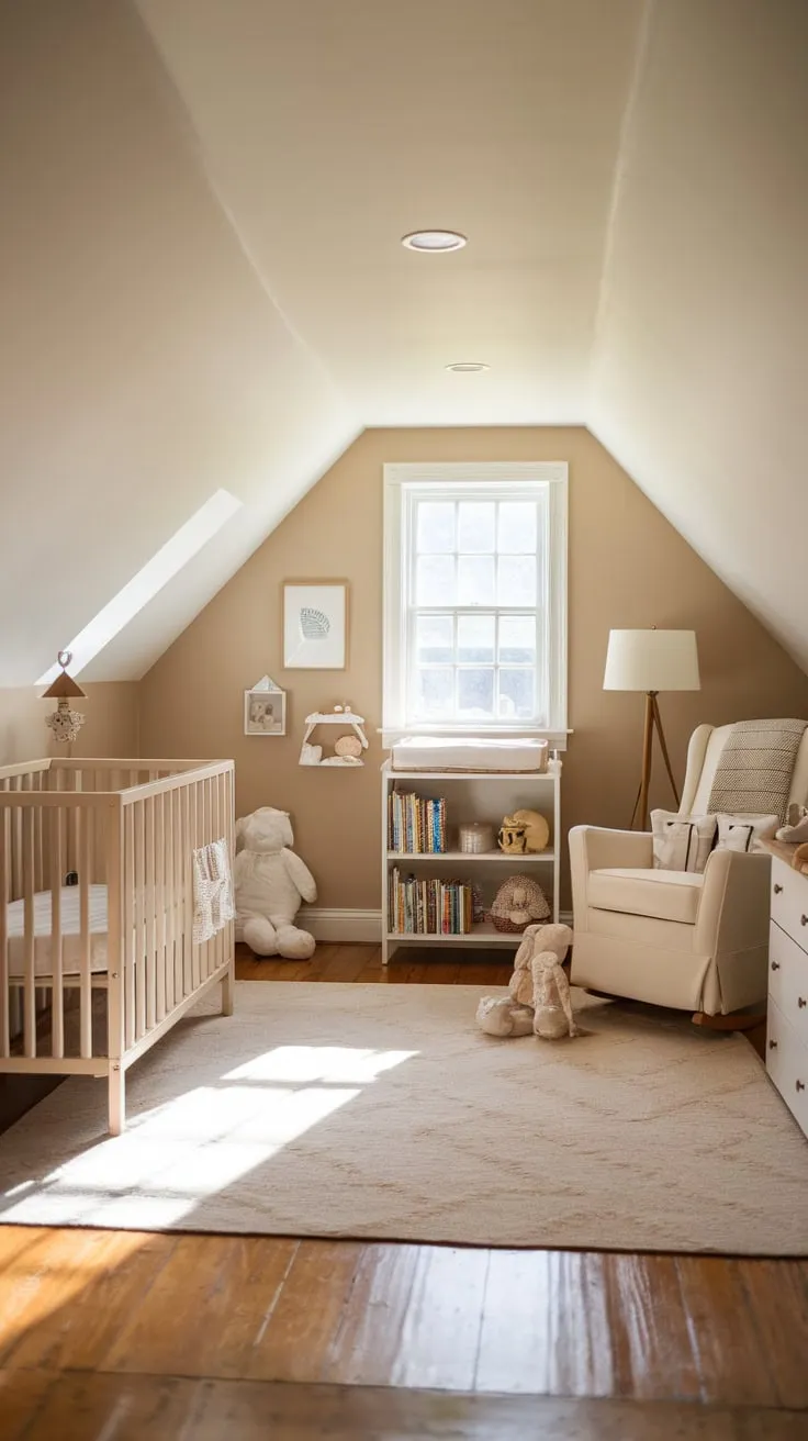 This well designed attic nursery, with its neutral color palette and thoughtful arrangement of cozy furnishings, creates a serene space perfect for nurturing little ones.