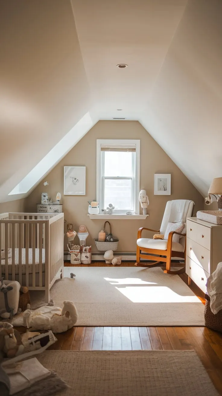 Picture this: you ascend to the attic, and find yourself enveloped in a beautifully curated nursery, its warm, neutral palette and delightful decor transforming the space into a serene sanctuary for both you and baby.