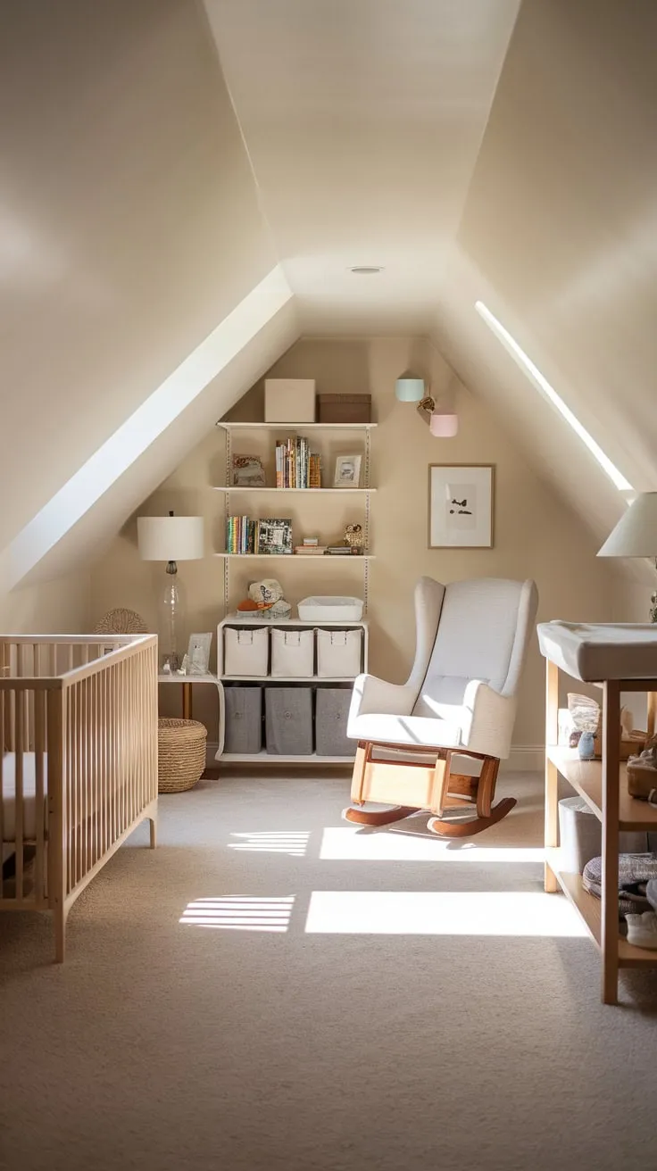 The attic nursery welcomes you with open arms, its thoughtful design radiating a sense of peace and comfort, transforming it into an idyllic sanctuary for both you and baby to unwind and reconnect.