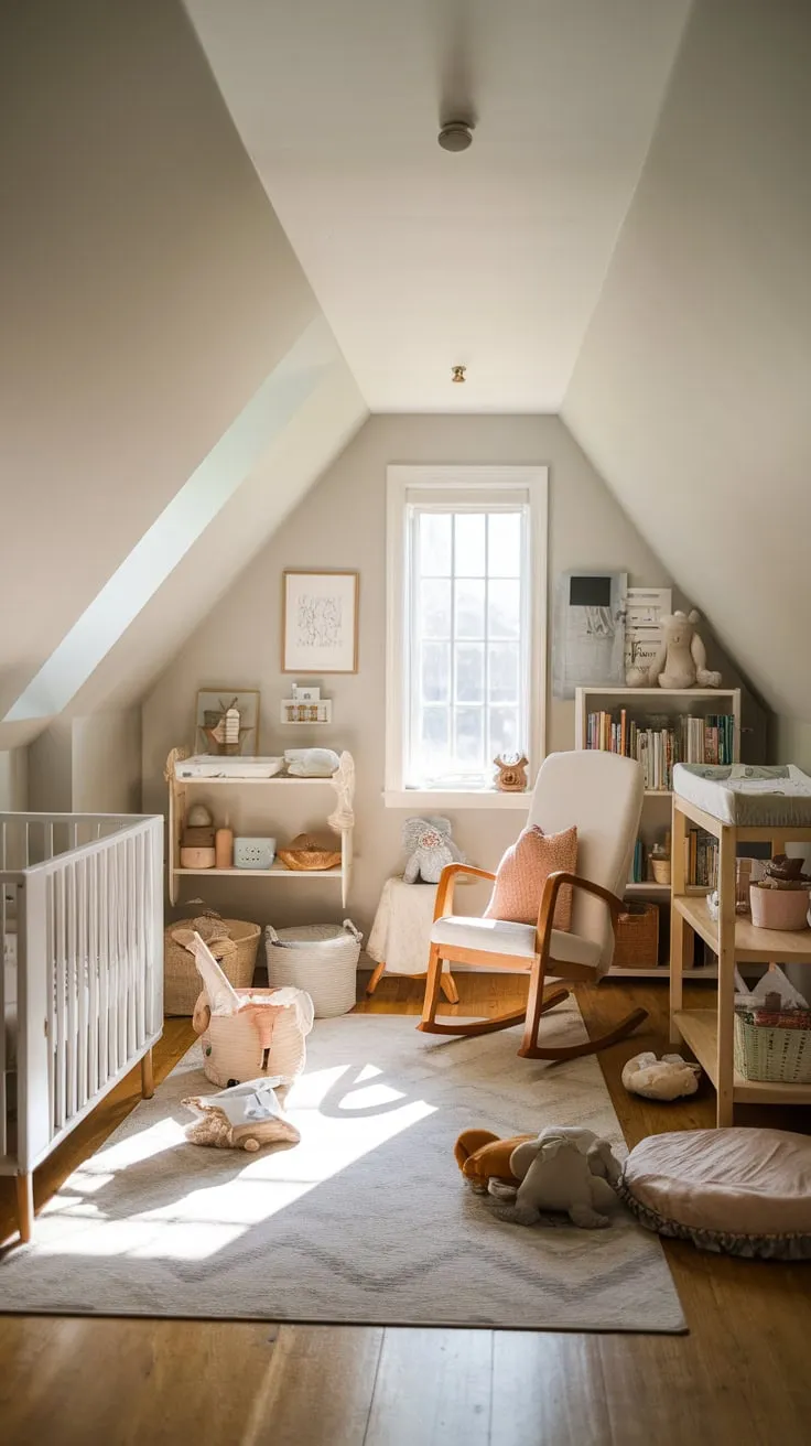 This well designed attic nursery, with its neutral color palette and charming decor, creates a warm and inviting space for both baby and caregiver.