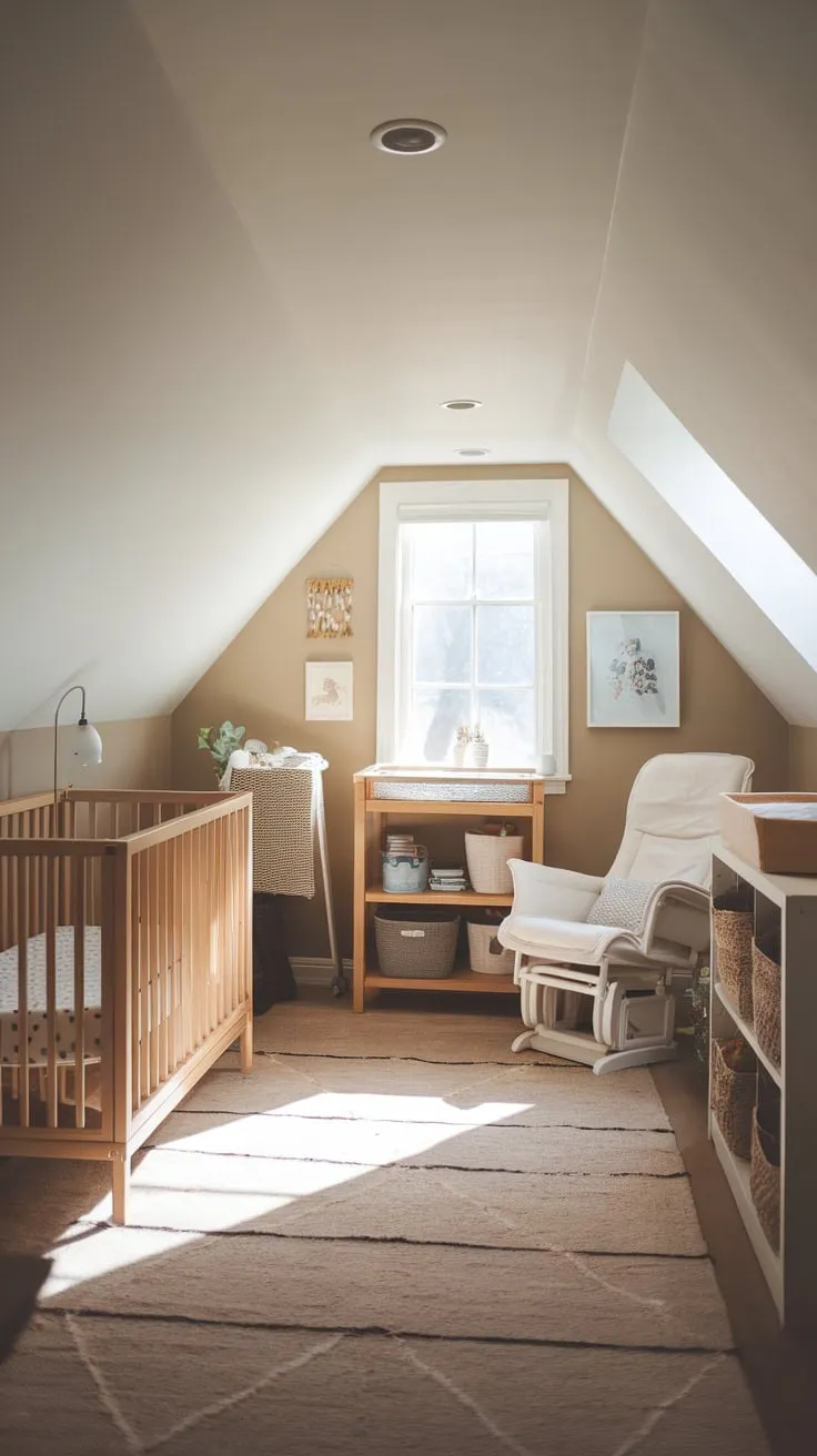 Sunlight streams through the dormer windows of your attic nursery, a haven where thoughtful design marries cozy comfort, crafting a tranquil sanctuary perfectly poised to cradle your baby's dreams.
