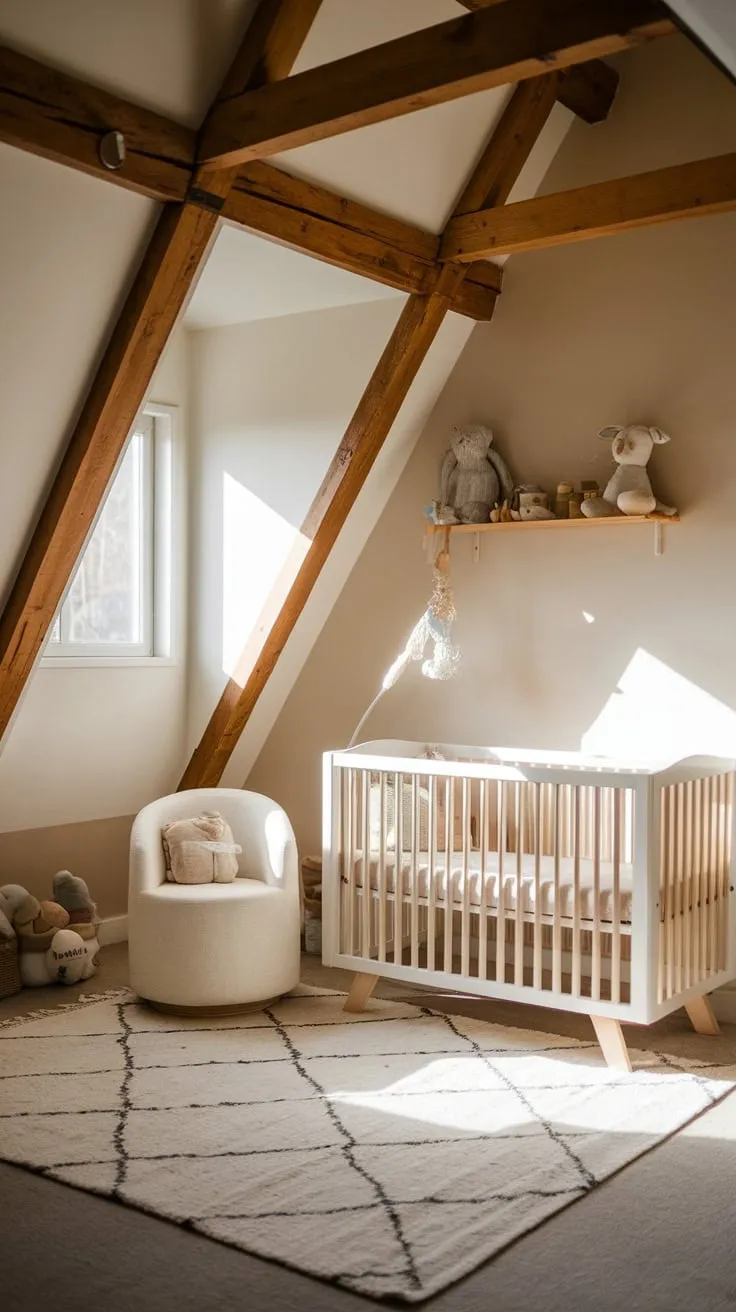 Imagine stepping into your attic nursery, a haven bathed in gentle light. The exposed wooden beams whisper stories of the house's past, while the soft, neutral palette soothes your senses. You can already feel the peace settling over you, a perfect space to nurture and cherish your little one.