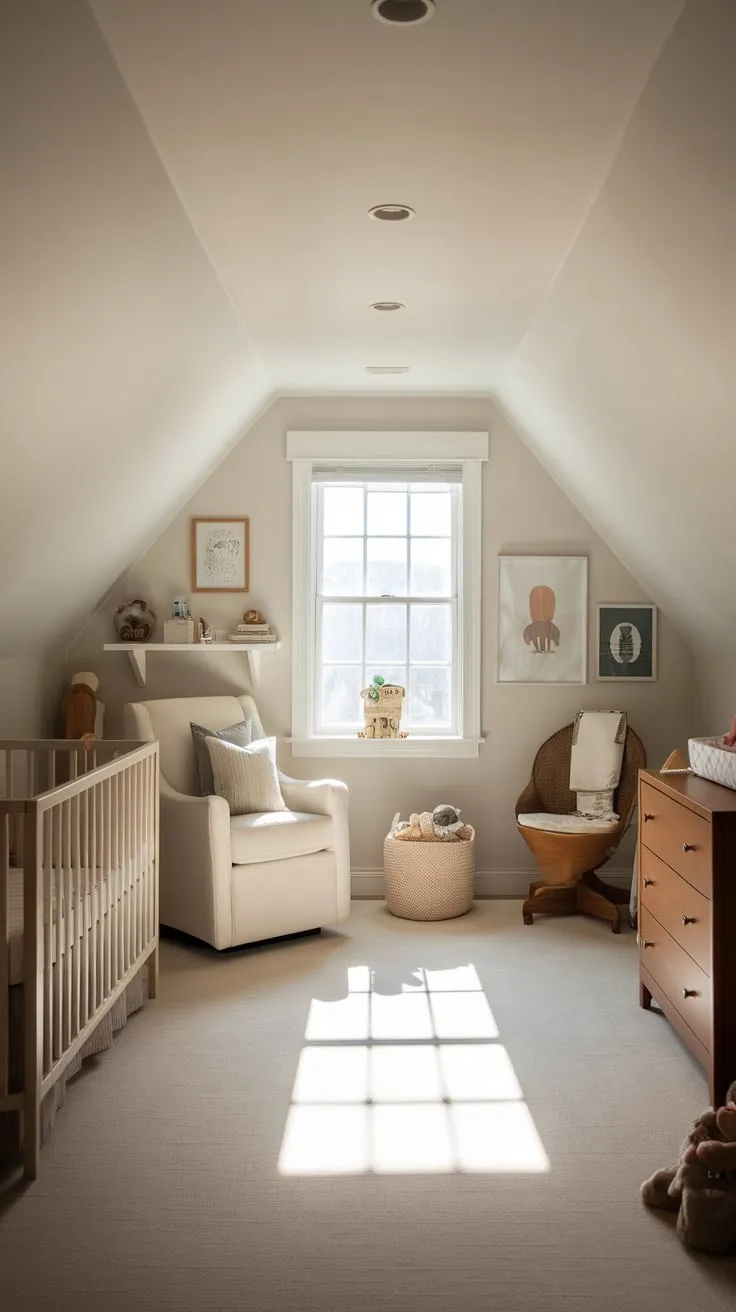 This well designed attic nursery exudes warmth and tranquility, making it the perfect retreat for both baby and caregiver.