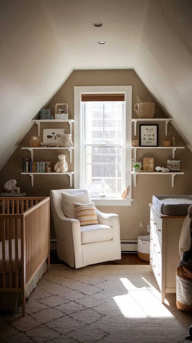 Sunlight streams through the dormer windows of your attic nursery, bathing the warm, neutral tones in a soft glow. Every detail, carefully chosen, whispers of tranquility, creating a haven where both you and your little one can find peace and connection.