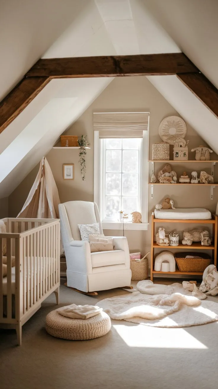 Sunlight streams through the dormer windows of the attic nursery, illuminating the rustic beams and thoughtfully arranged space, beckoning you and baby into a haven of warmth and connection.