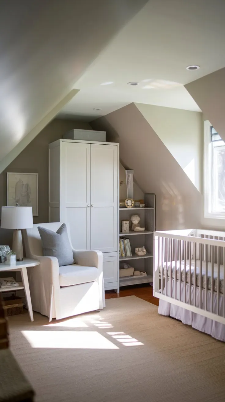 Picture this: an attic transformed into a dreamy nursery, where a symphony of neutral shades whispers calm, and ingenious organization reigns supreme, offering you a peaceful haven to nurture your baby's dreams.