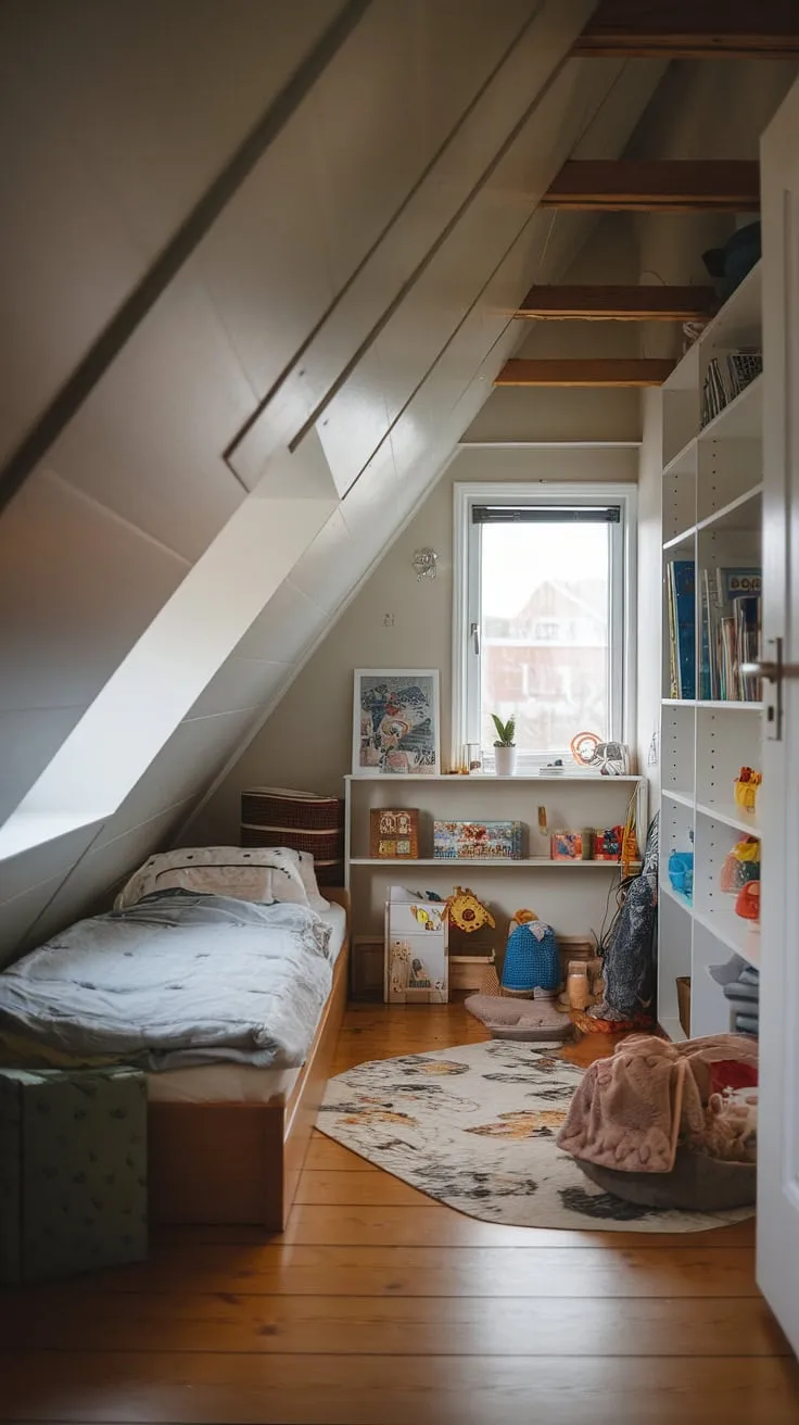 This attic nursery, cleverly designed as an attic room playroom, maximizes space with a bed in eaves. The sloped ceiling adds character to this small attic playroom, transforming it into a unique and enchanting kids attic bedroom, full of wonder and playful possibilities.