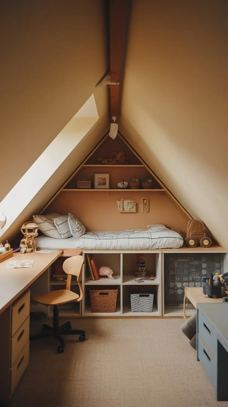 This attic room playroom, tucked under the eaves, is a haven of childhood wonder.  A bed in eaves provides a cozy sleeping spot, while the desk and shelves offer space for learning and play.  This small attic playroom proves that even the smallest spaces can be transformed into a magical attic nursery and kids attic bedroom.