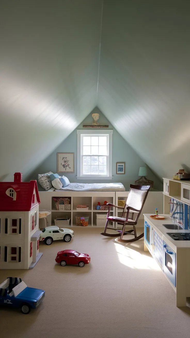 This charming small attic playroom, with its sloped ceiling playroom and bed nestled in the eaves, is every child's dream.  A perfect blend of attic nursery and kids attic bedroom, complete with toy cars, a dollhouse, and a play kitchen, making this attic room playroom a magical space.