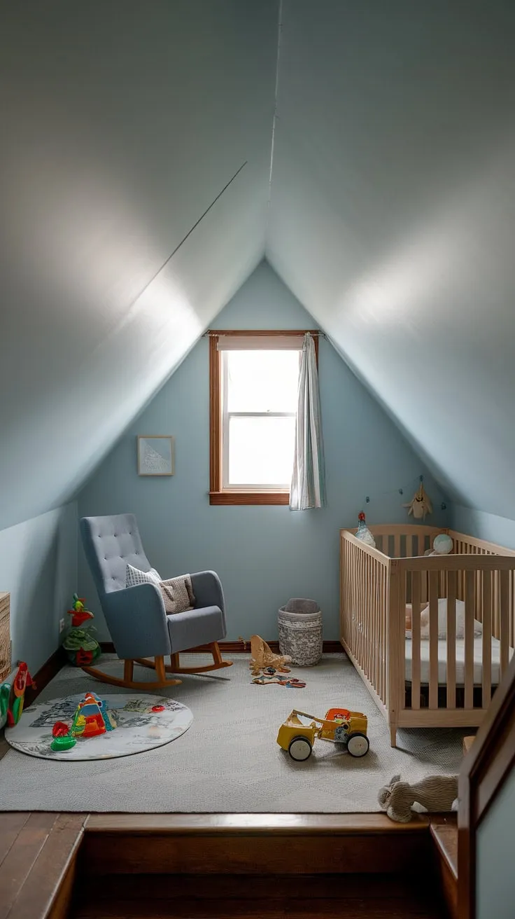 Imagine a world of wonder tucked away in this attic bedroom.  This small attic playroom, with its sloped ceiling playroom design and bed in eaves, is the perfect blend of comfort and fun.  The light blue walls and natural light create a serene atmosphere in this kids attic bedroom, transforming a forgotten attic nursery into a magical space.