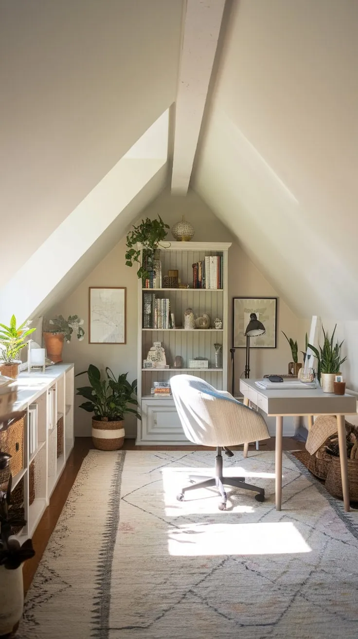 Imagine stepping into an attic transformed: a haven of calm where neutral colors soothe and charming details spark creativity. This isn't just an office; it's a sanctuary beneath the eaves, a place where the sloping ceiling seems to whisper inspiration as you work.