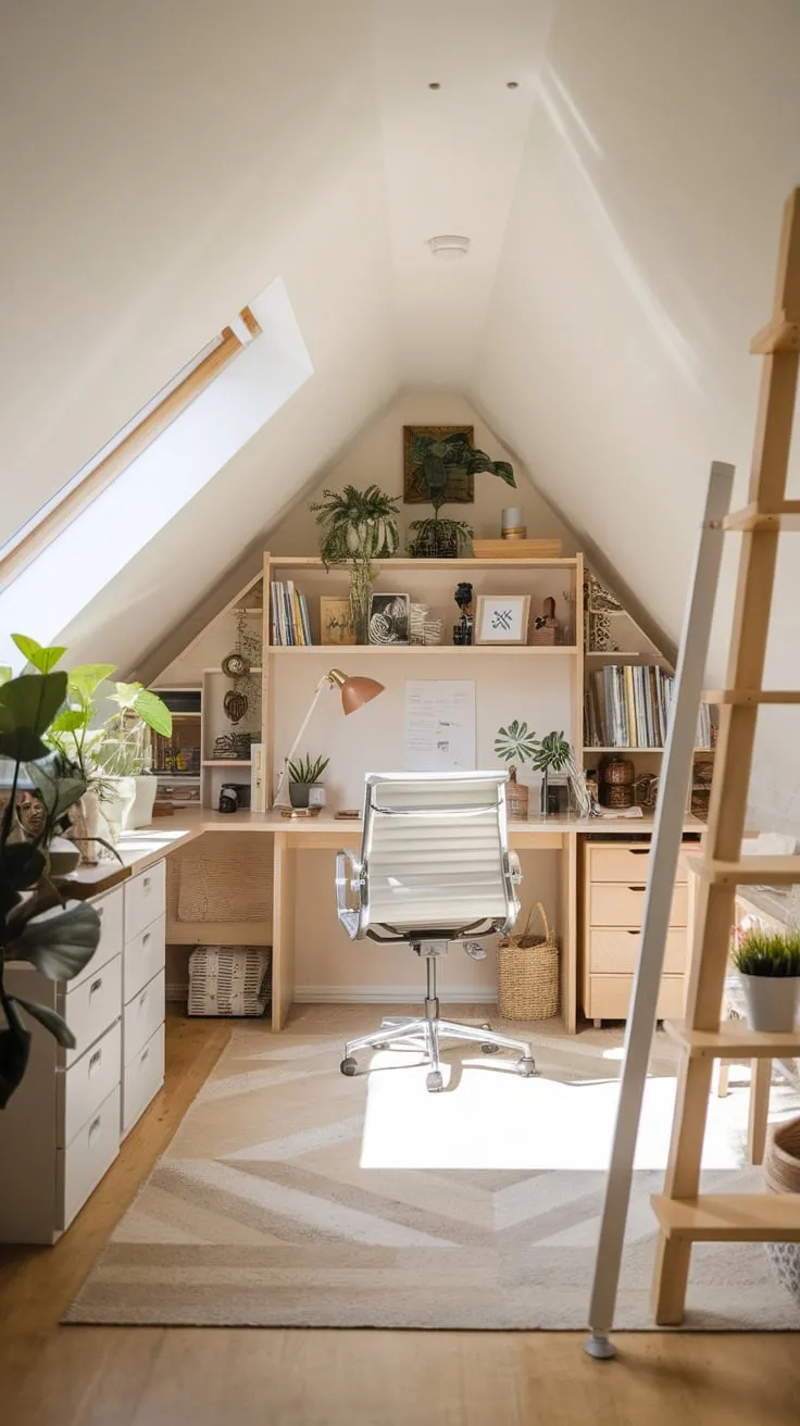 Step into your attic sanctuary, where the meticulously organized space sparks a surge of both creativity and productivity, transforming the room into the ideal haven for deep work and the kind of inspiration that sets your soul alight.