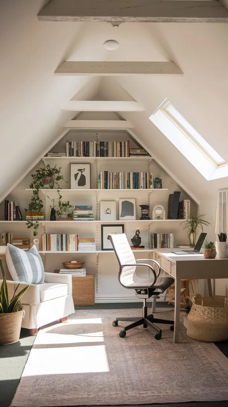 This beautifully designed attic office perfectly blends comfort and functionality, creating an inspiring space for creativity and productivity.