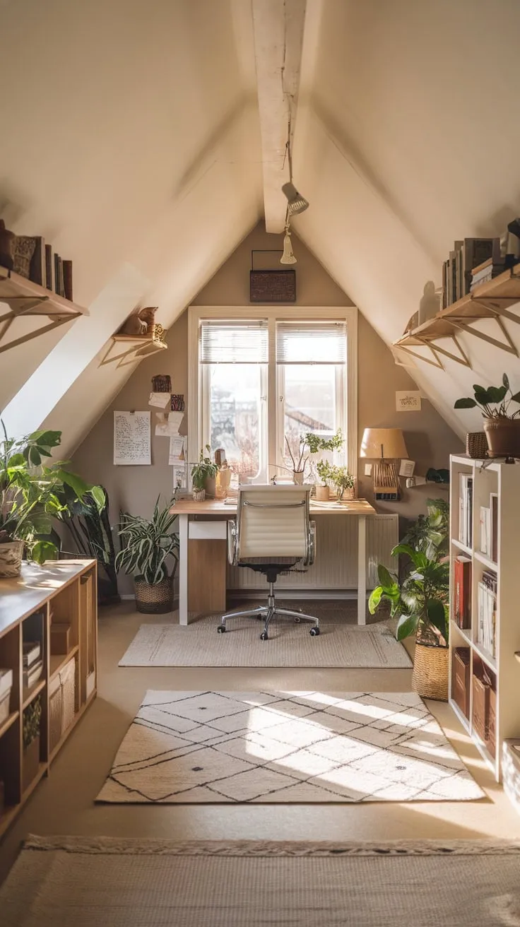Ascend the stairs to your attic office, where the carefully curated space whispers promises of tranquility and heightened concentration, transforming it into a haven where your creativity and productivity can truly flourish.